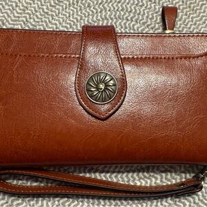 Travelambo RFID Brown Leather Clutch with Wristlet and Decorative Closure